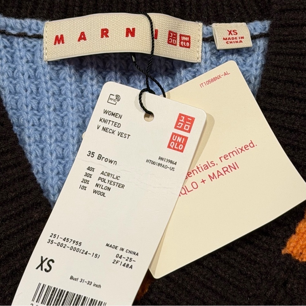 MARNI Uniqlo NWT Women’s XS Brown Wool Blend Knit V-Neck Vest Preppy Designer - Picture 3 of 8